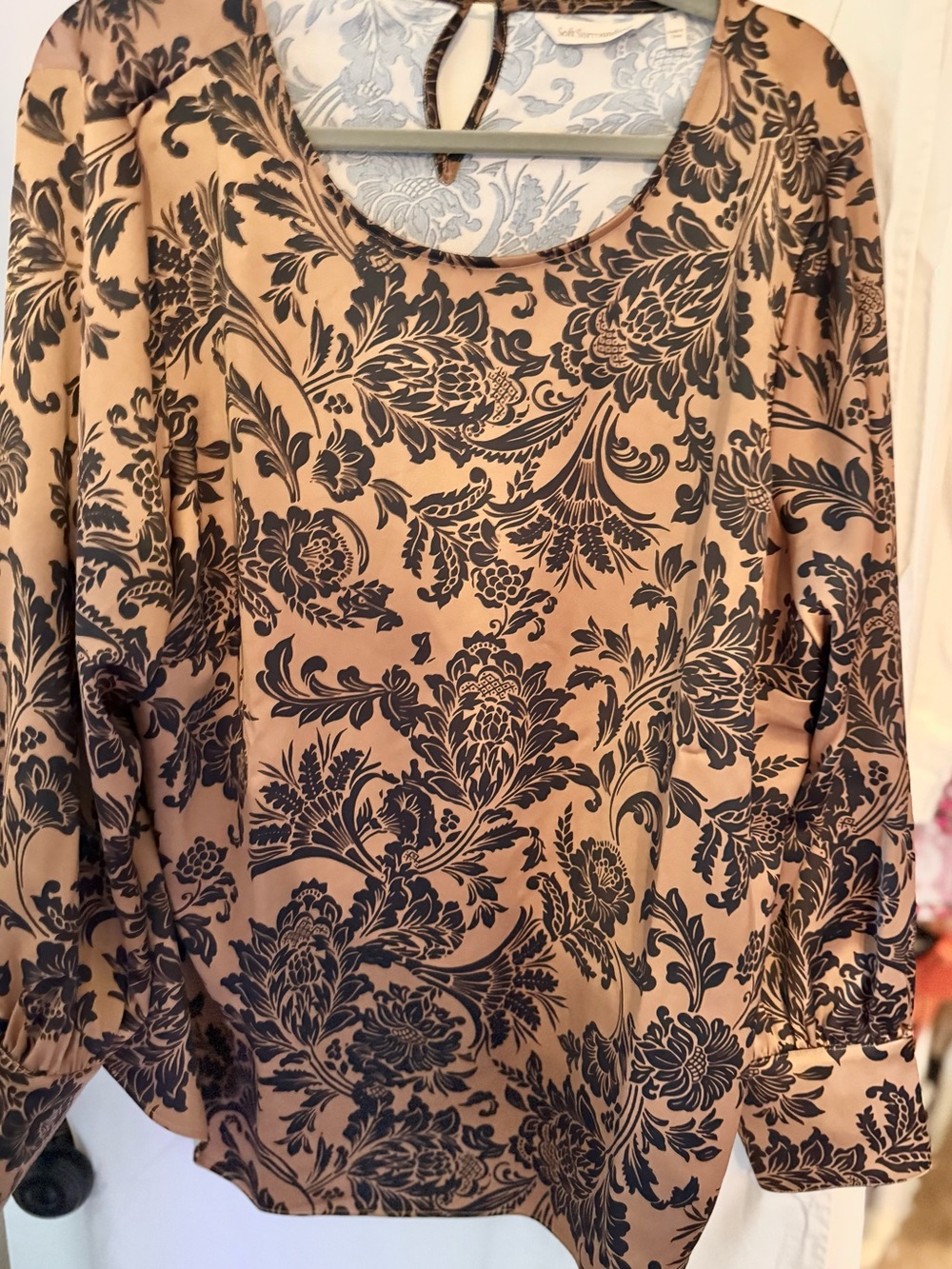 Soft Surroundings Tan and Black Floral Scoop-Neck Blouse